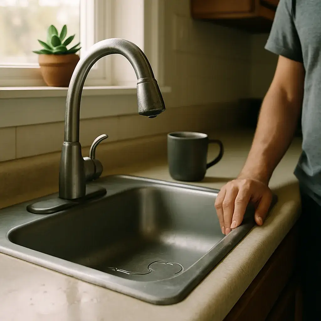 faucet-repair-dripping-sink-homeowner-sunnyvale Homeowner noticing dripping kitchen faucet before calling Sunnyvale faucet repair service