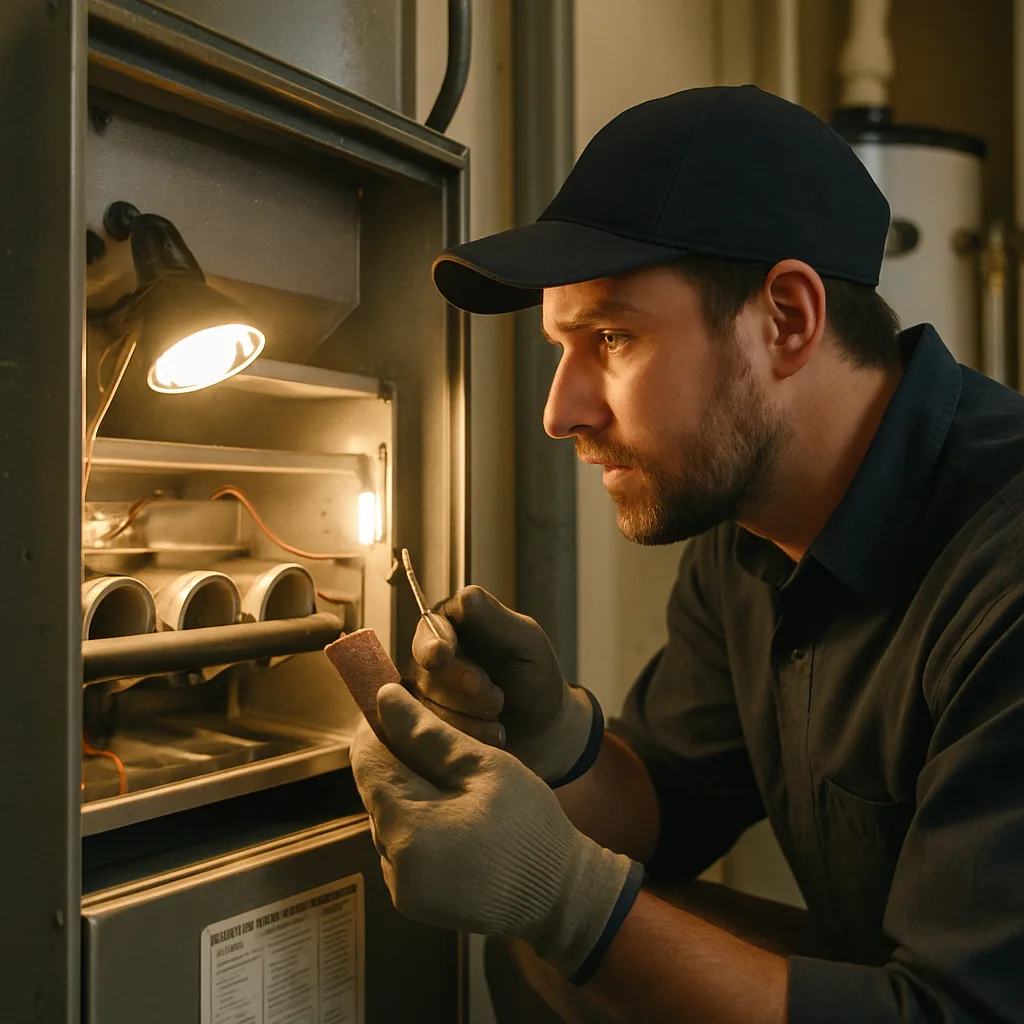 Technician cleaning a furnace flame sensor rod during HVAC service in Sunnyvale