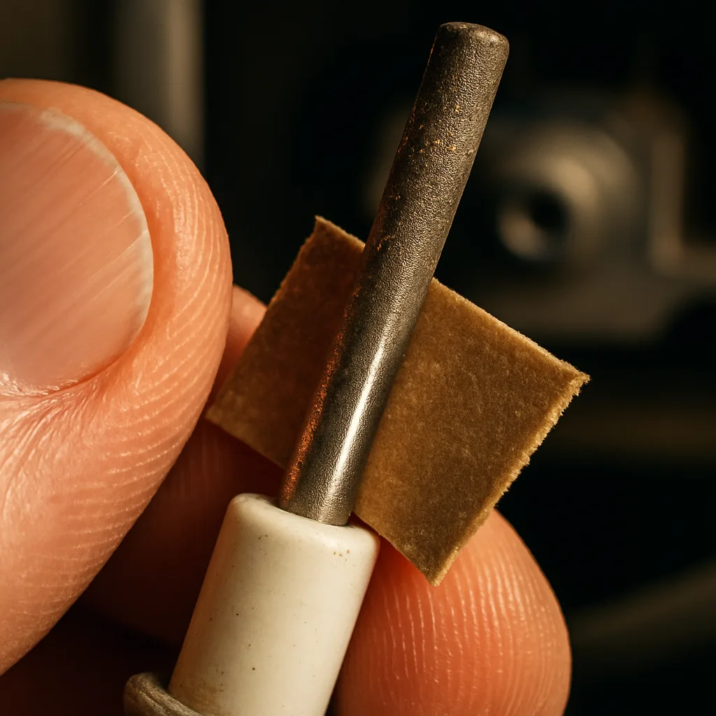 flame-sensor-carbon-buildup-cleaning-closeup-sunnyvale Close-up of carbon buildup being cleaned off a furnace flame sensor rod