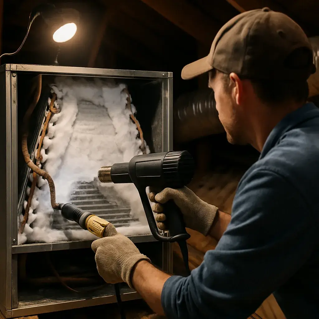 Technician melting ice from frozen AC coil during HVAC repair in Sunnyvale attic
