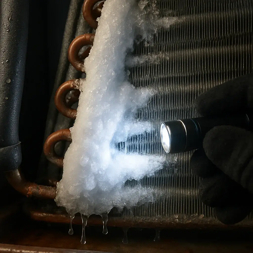 frozen-coil-repair-ice-covered-evaporator-coil-sunnyvale Close-up of ice-covered evaporator coil showing frozen coil repair damage in Sunnyvale