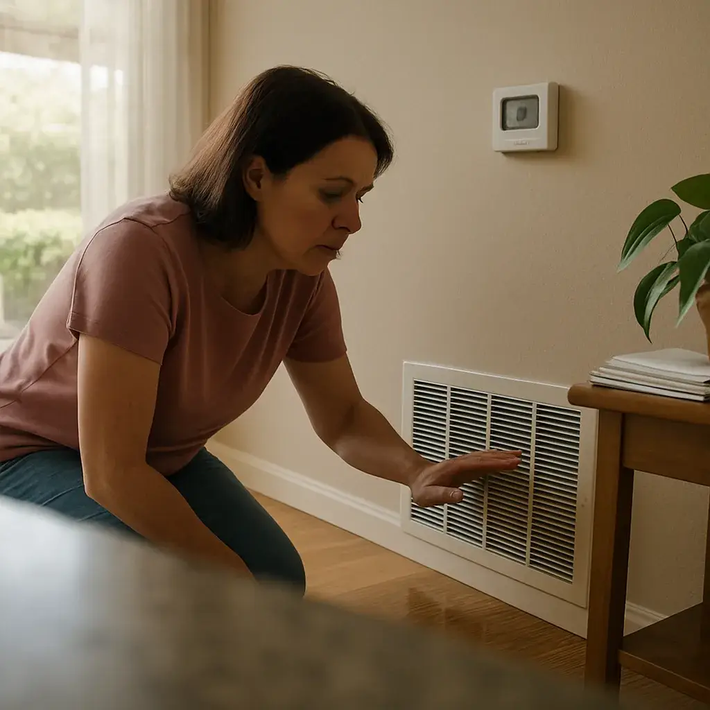 frozen-coil-repair-homeowner-checking-vent-sunnyvale Homeowner checking weak airflow from vent, sign of frozen coil repair need in Sunnyvale