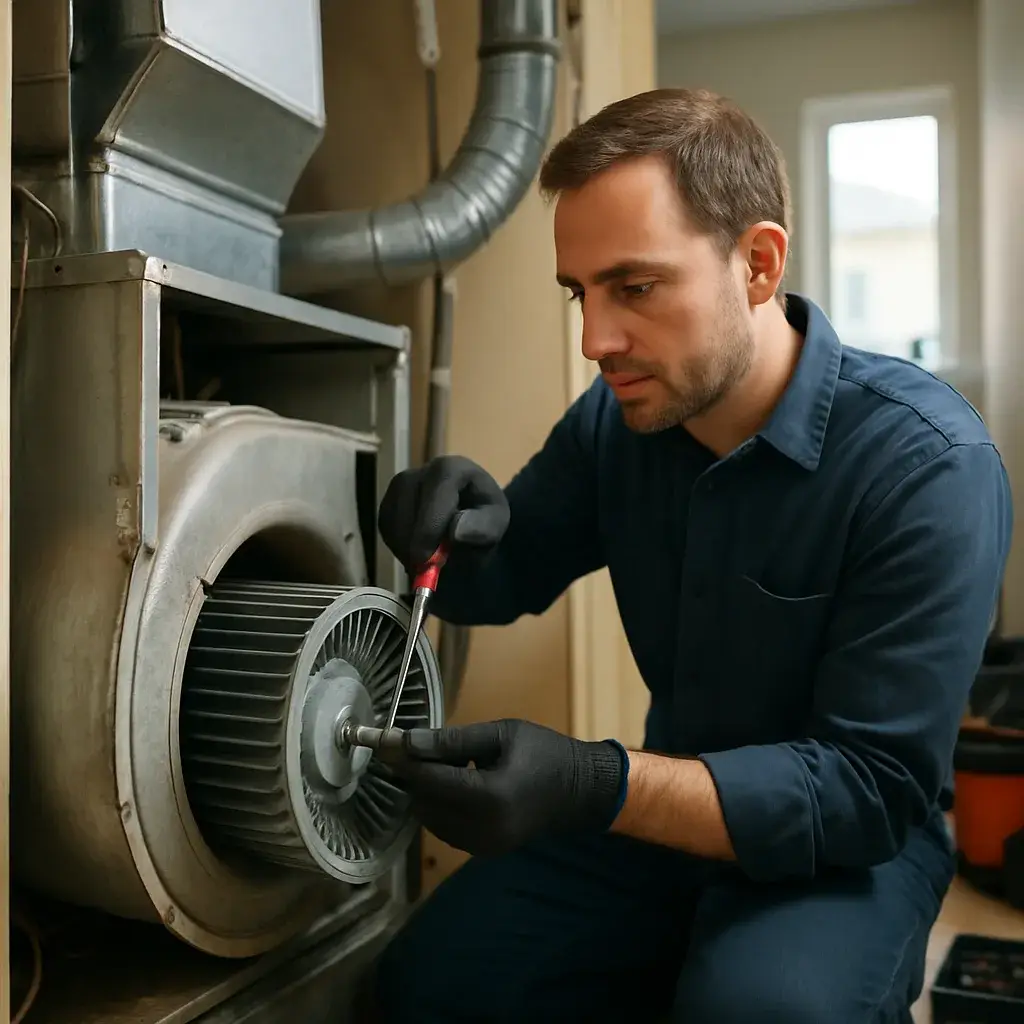 Technician repairing furnace blower motor in Sunnyvale home utility closet