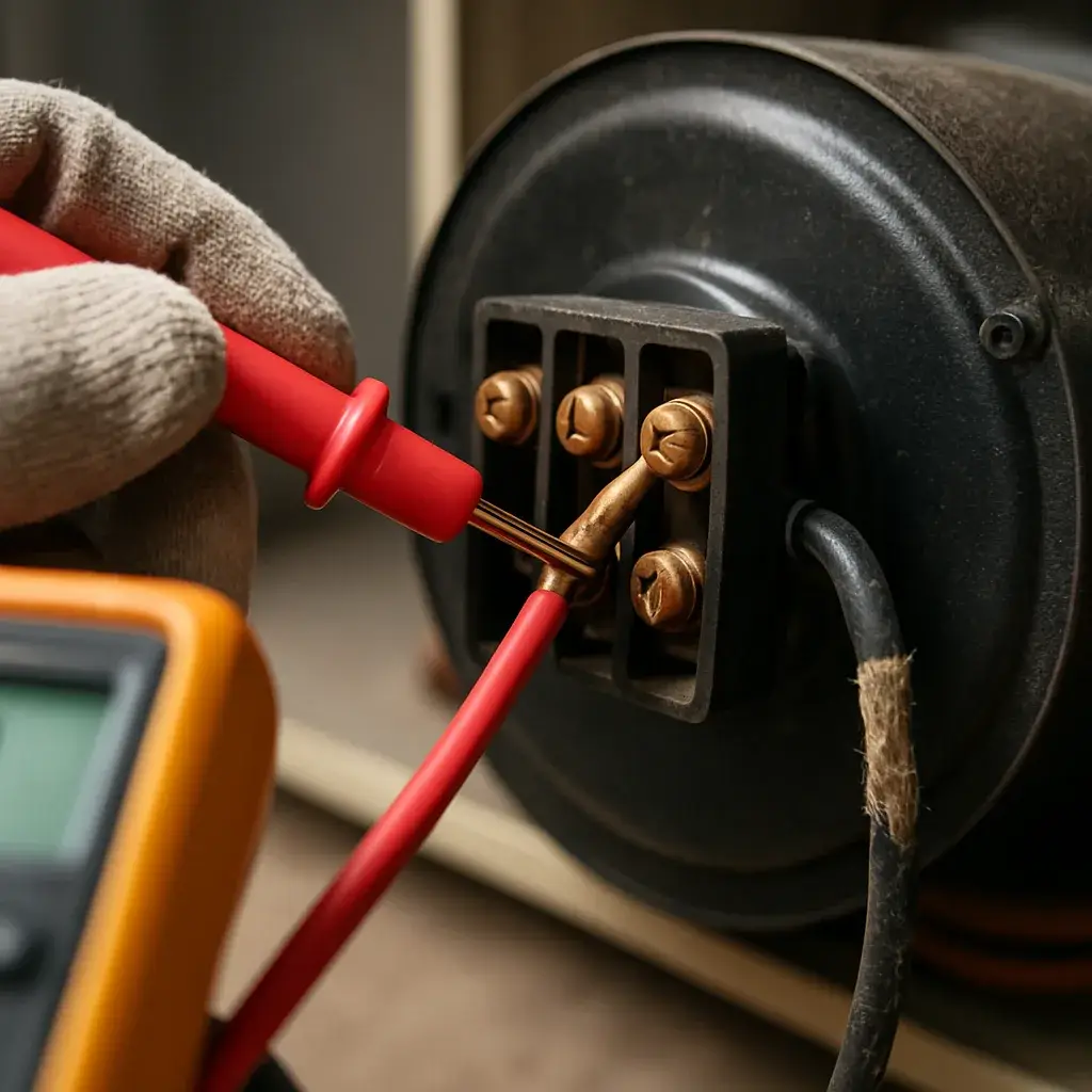 Multimeter testing furnace blower motor wiring during Sunnyvale repair