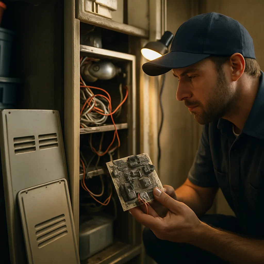 Technician inspecting furnace control board during replacement service in Sunnyvale garage