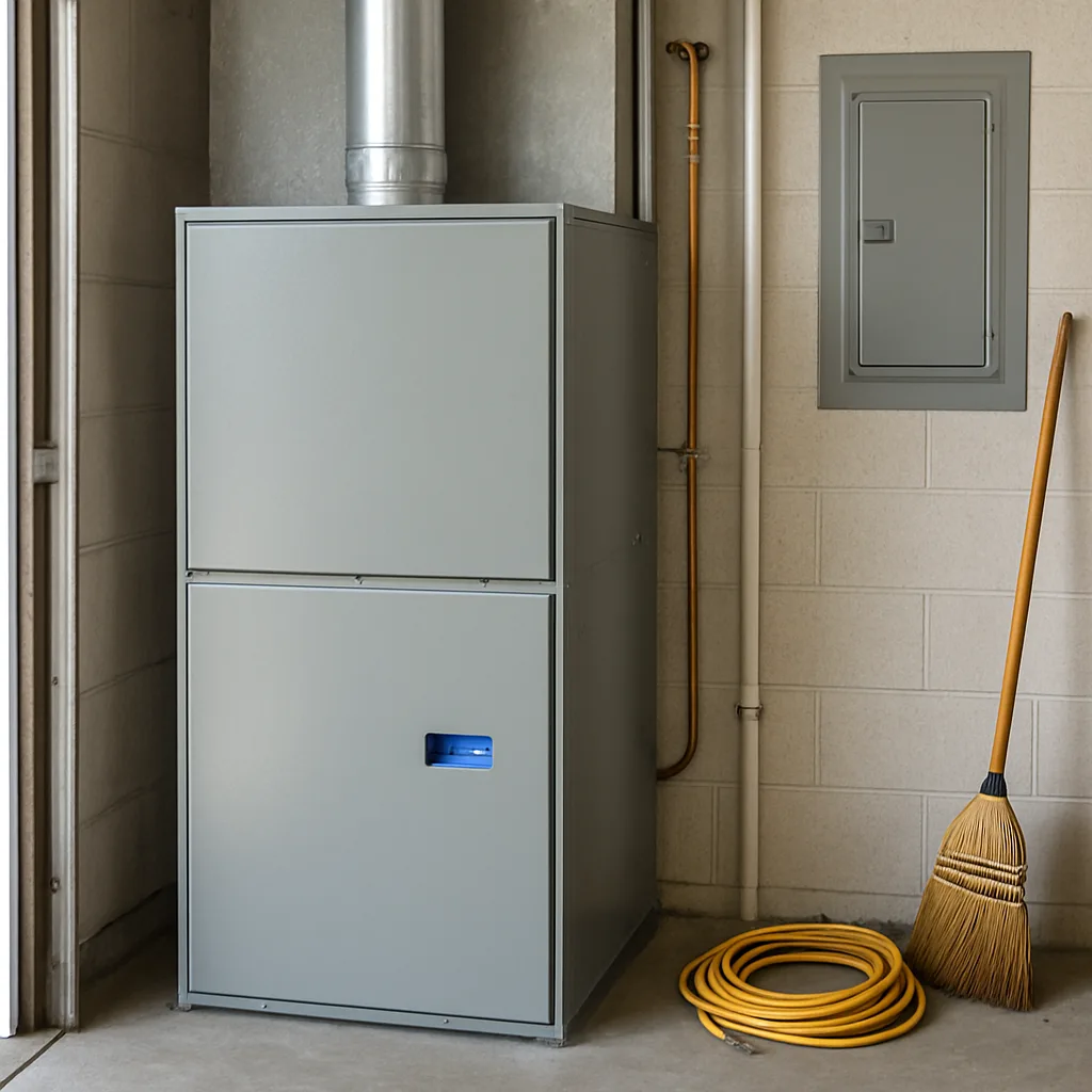 furnace-control-board-replacement-completed-sunnyvale Furnace with newly replaced control board running properly in Sunnyvale garage