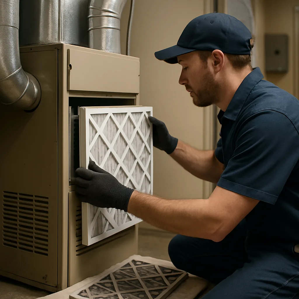 Technician replacing furnace filter during HVAC service in Sunnyvale home