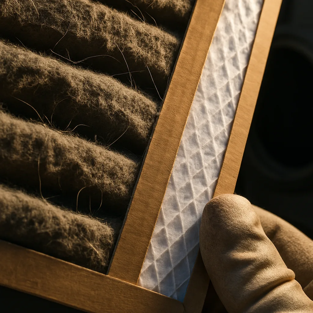 dirty-furnace-filter-pleats-closeup-sunnyvale Close-up of dirty furnace filter pleats before Sunnyvale replacement service