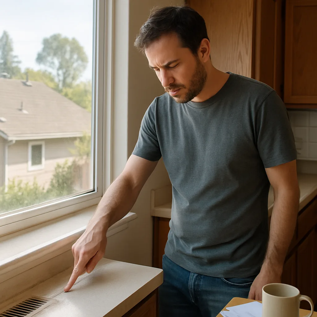 homeowner-dust-signs-furnace-filter-sunnyvale Homeowner noticing excess dust signaling need for furnace filter replacement in Sunnyvale
