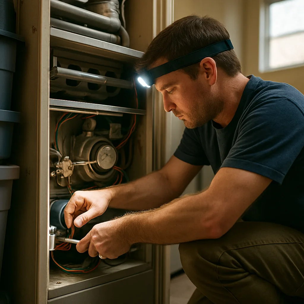 Technician replacing furnace ignitor inside home utility closet in Sunnyvale