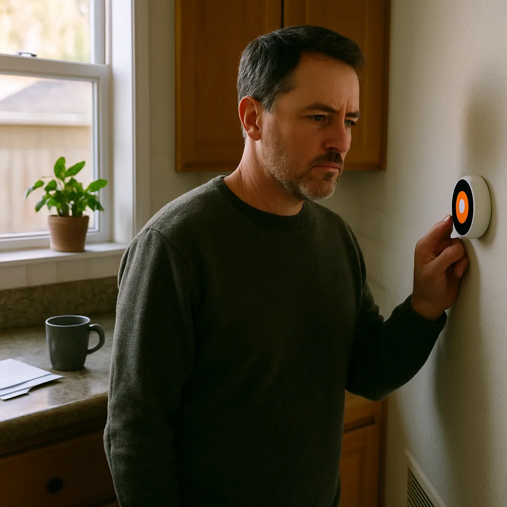 homeowner-thermostat-furnace-ignitor-issue-sunnyvale Homeowner checking thermostat before furnace ignitor replacement in Sunnyvale