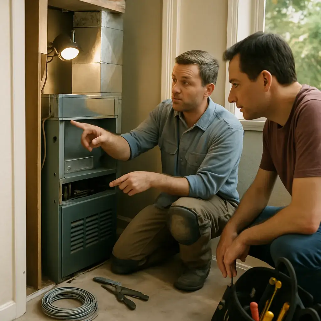 HVAC technician explains furnace installation cost factors to homeowner in Sunnyvale
