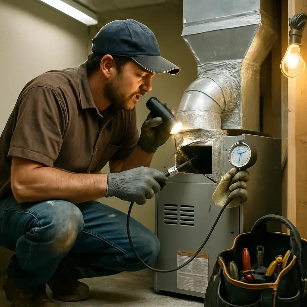 Technician inspecting mismatched ductwork during furnace installation in Sunnyvale home
