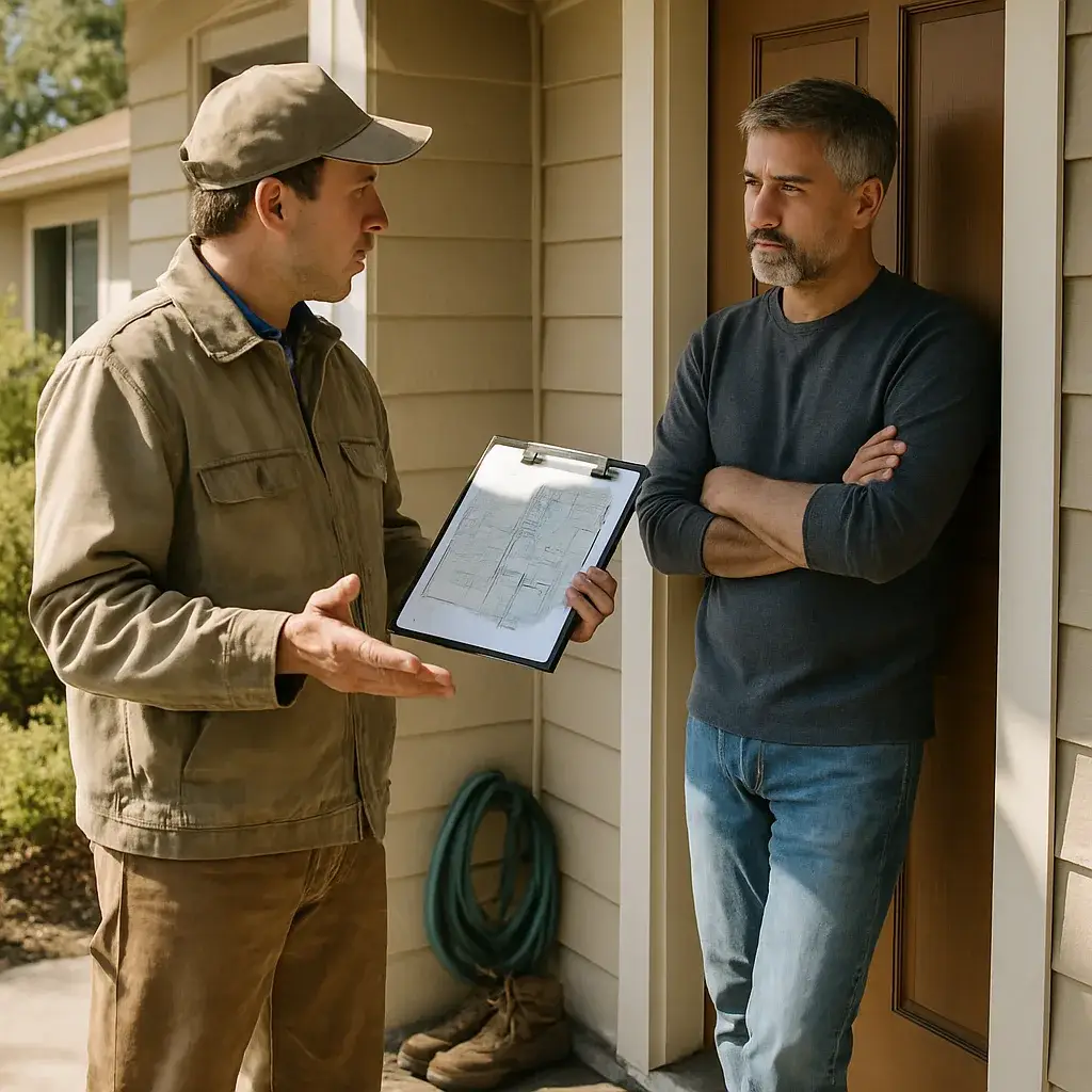 Technician explains furnace installation service area limits to a Sunnyvale homeowner
