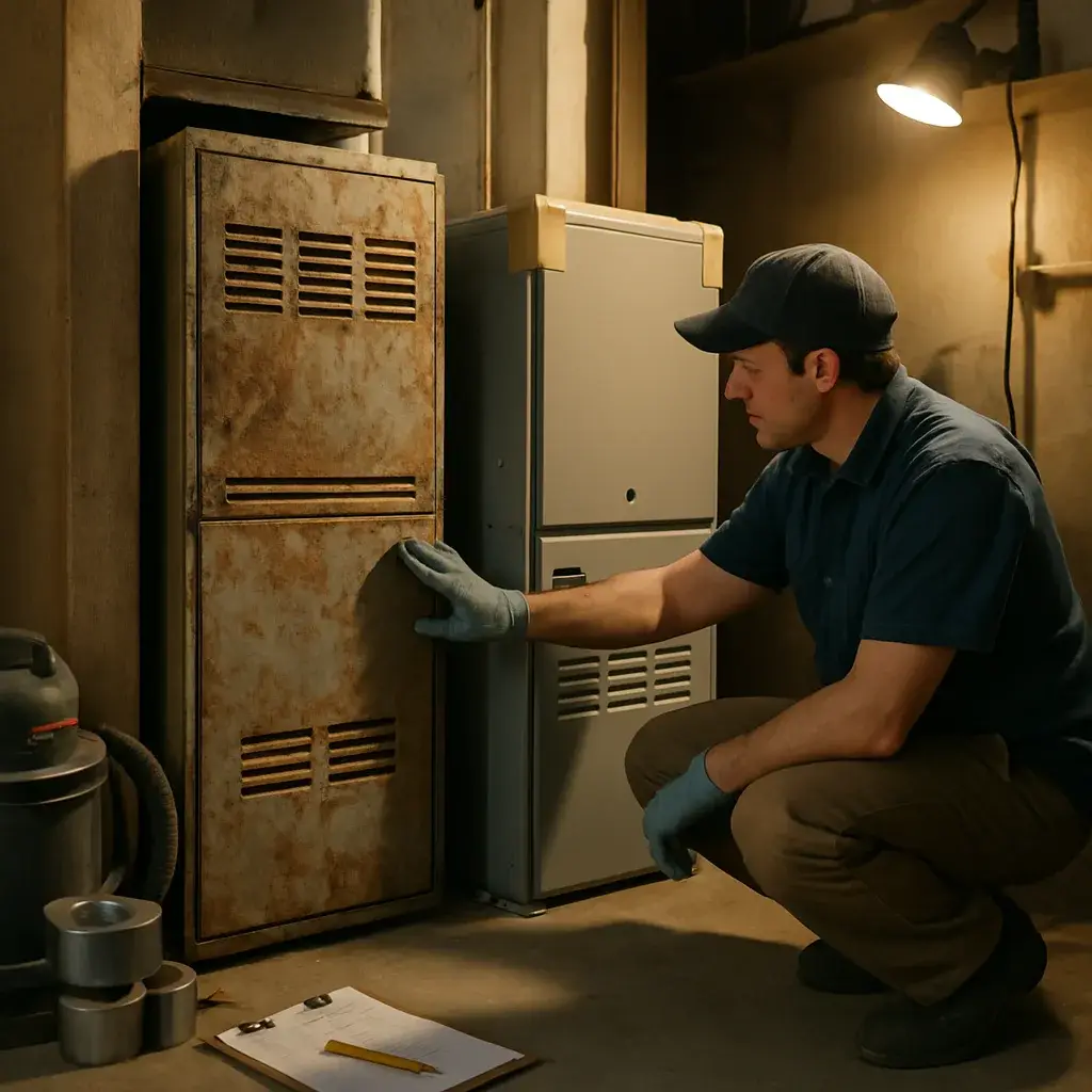 Technician compares old rusted furnace to new unit during Sunnyvale installation