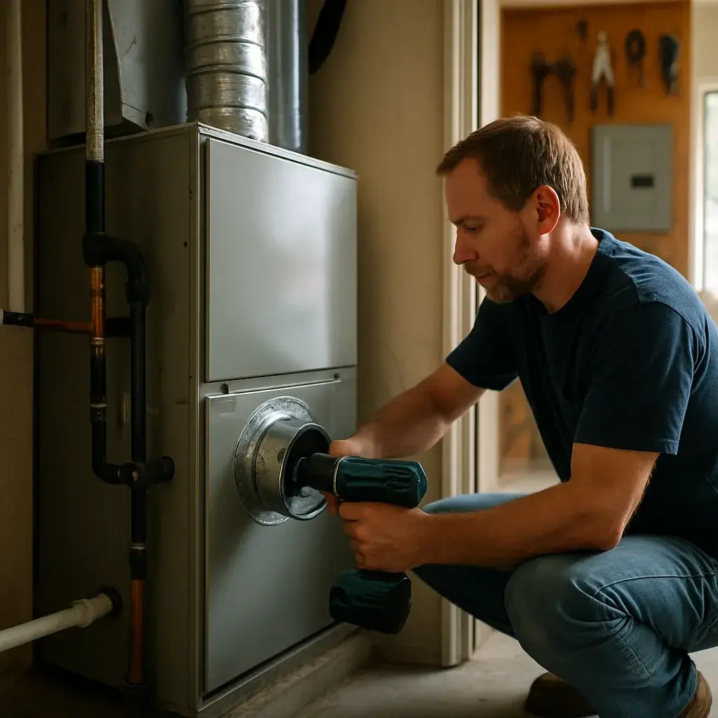 Technician installing a residential furnace unit in Sunnyvale home utility closet