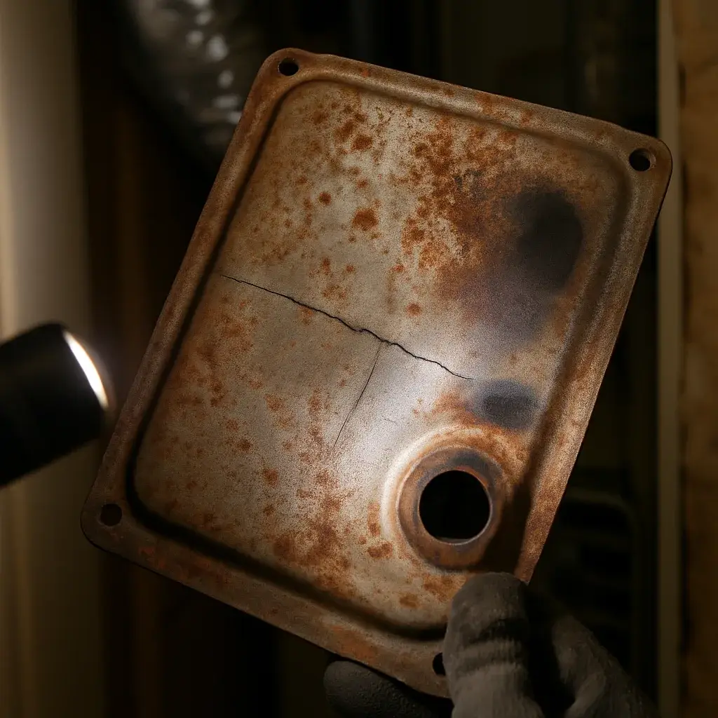 furnace-repair-cracked-heat-exchanger-replacement-factor Cracked corroded furnace heat exchanger panel inspected during Sunnyvale service call