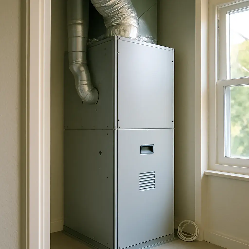 furnace-installation-completed-unit-sunnyvale Newly installed furnace unit finished in Sunnyvale home utility closet