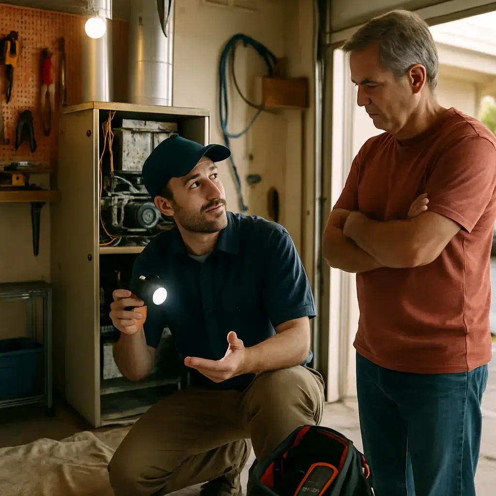 Technician explains furnace repair option to Sunnyvale homeowner in garage