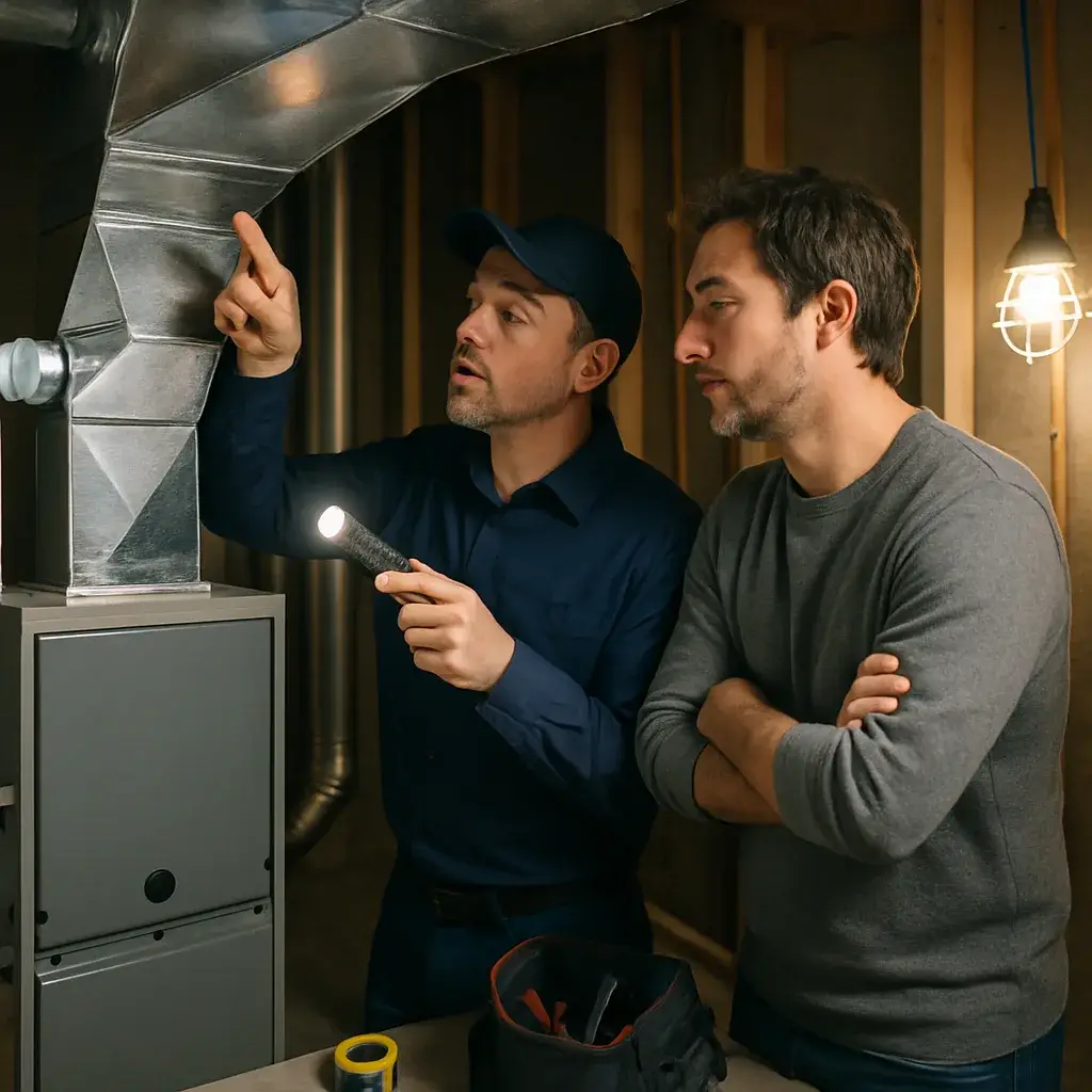HVAC technician explains furnace replacement job to homeowner in Sunnyvale basement