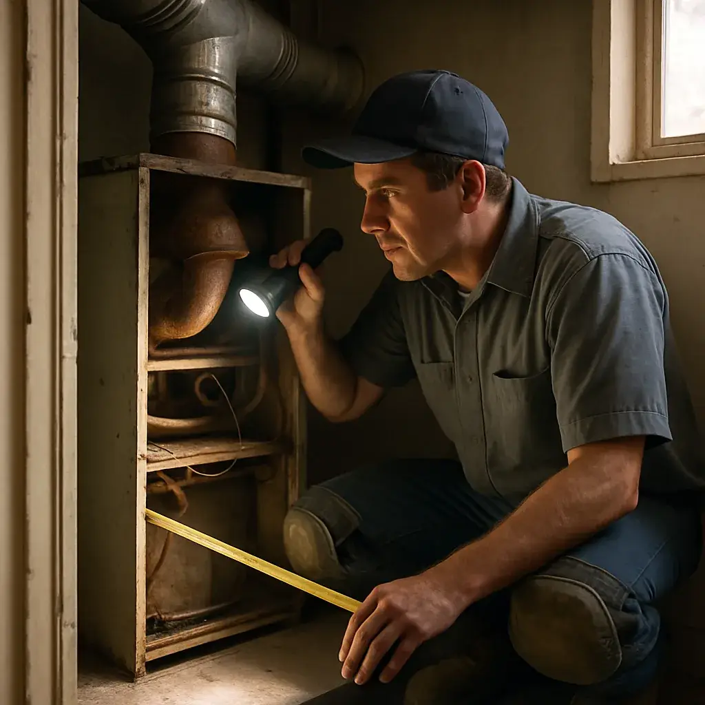 HVAC technician inspecting old furnace before replacement in Sunnyvale home