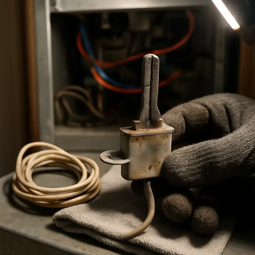Close-up of failed furnace igniter part found during Sunnyvale inspection
