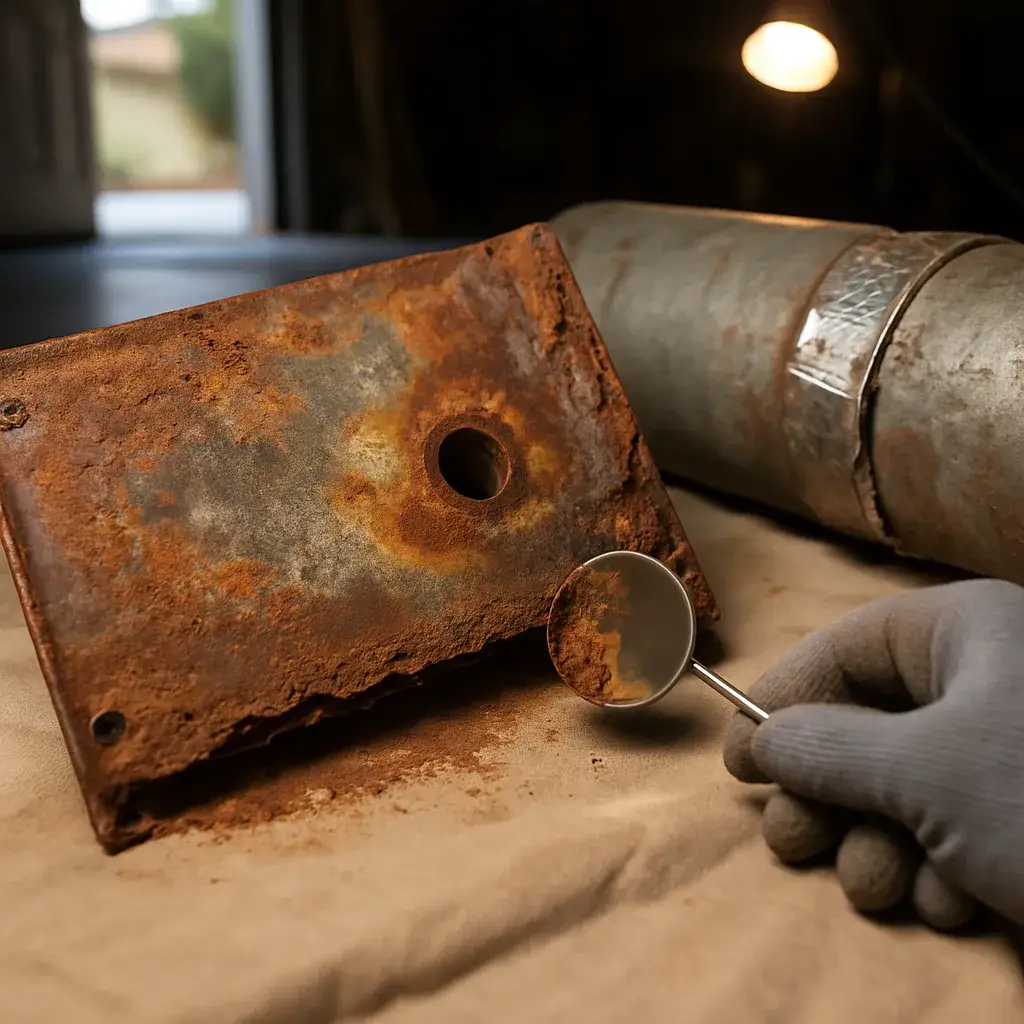 furnace-replacement-corroded-heat-exchanger-wear-detail Corroded furnace parts showing common wear before replacement in Sunnyvale