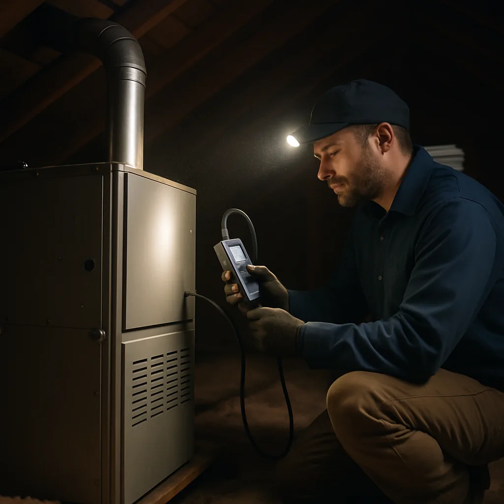 Technician inspecting attic furnace flue during safety inspection in Sunnyvale home