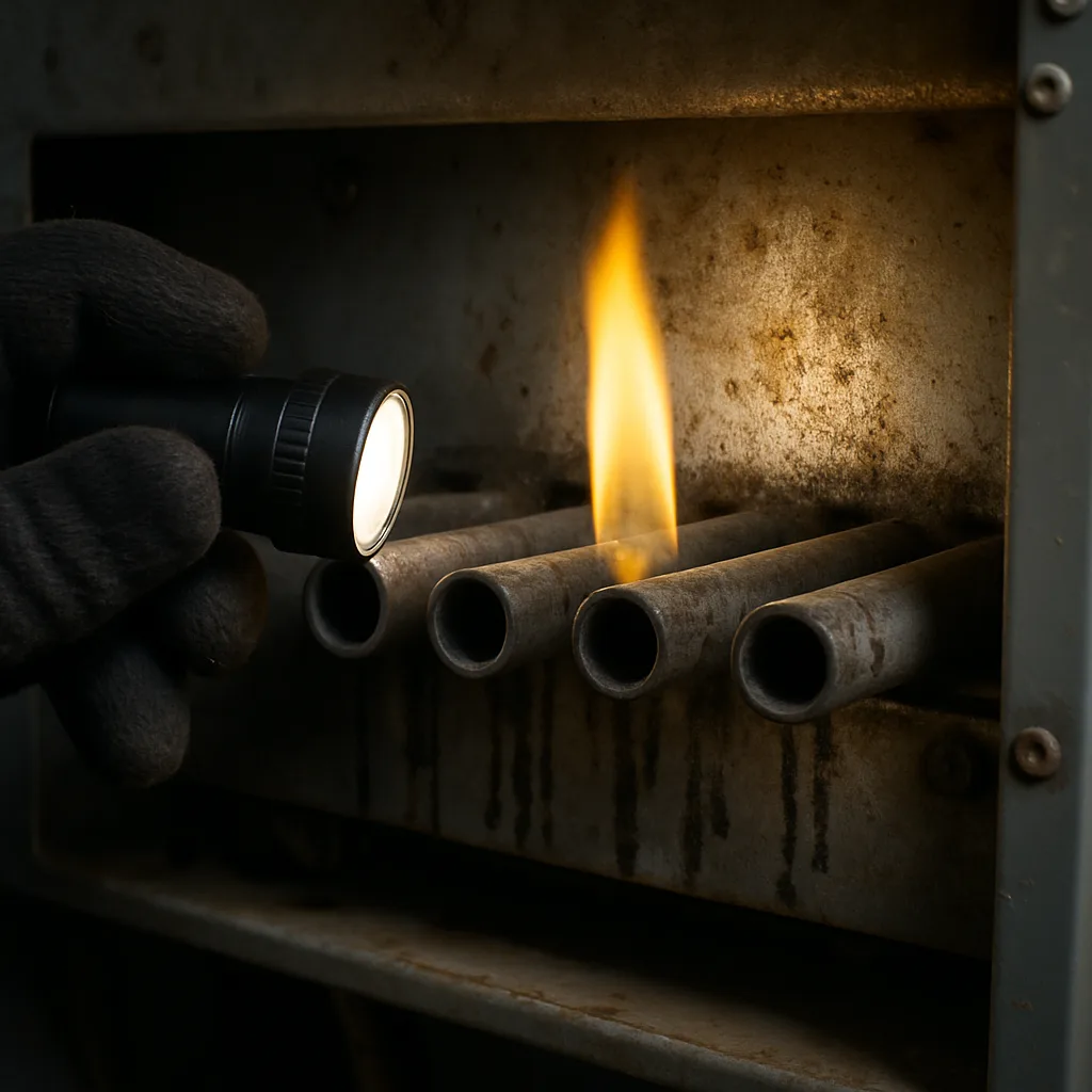 Close-up of yellow furnace flame and soot signaling need for safety inspection