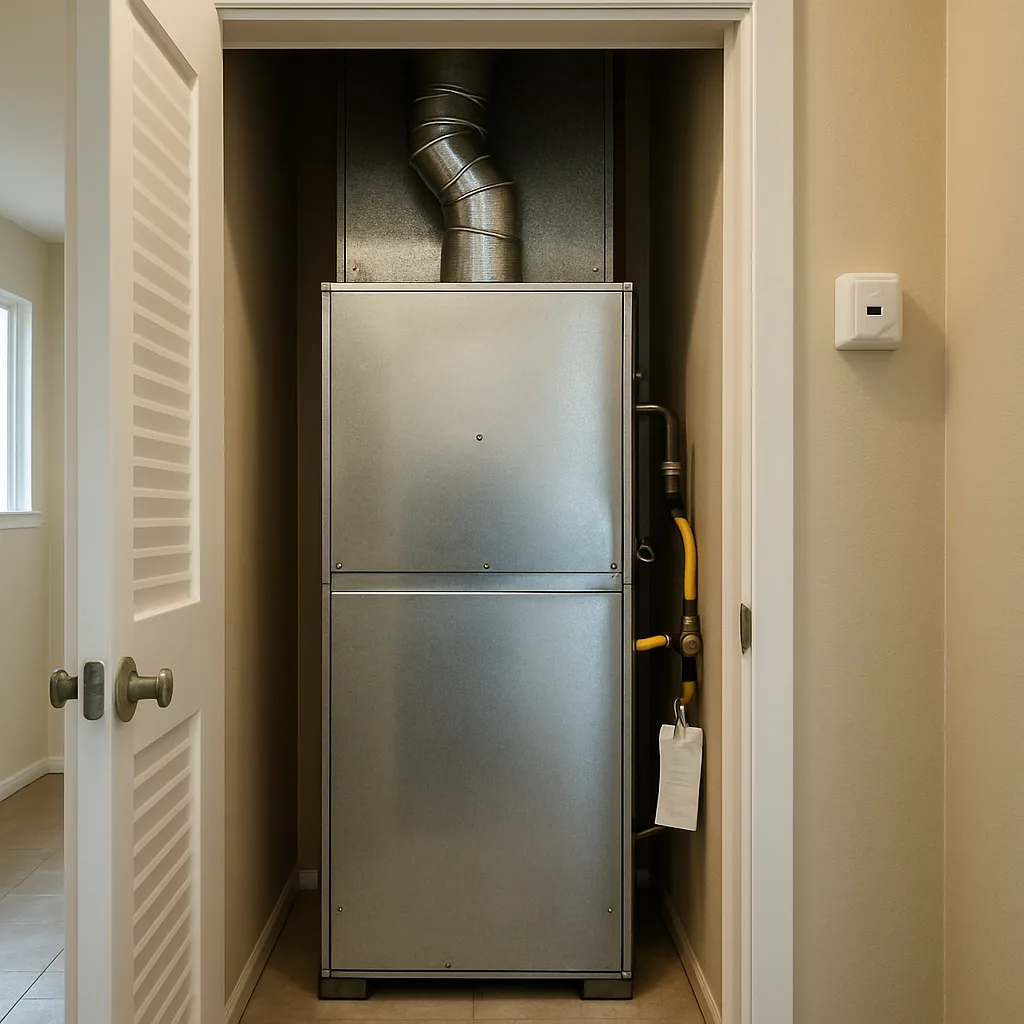 Clean furnace closet after completed safety inspection in Sunnyvale home
