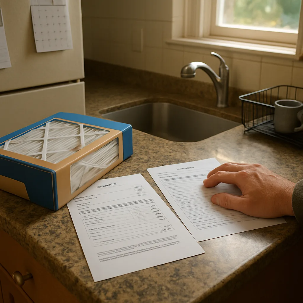 Homeowner reviewing furnace inspection invoice and filter box in Sunnyvale kitchen