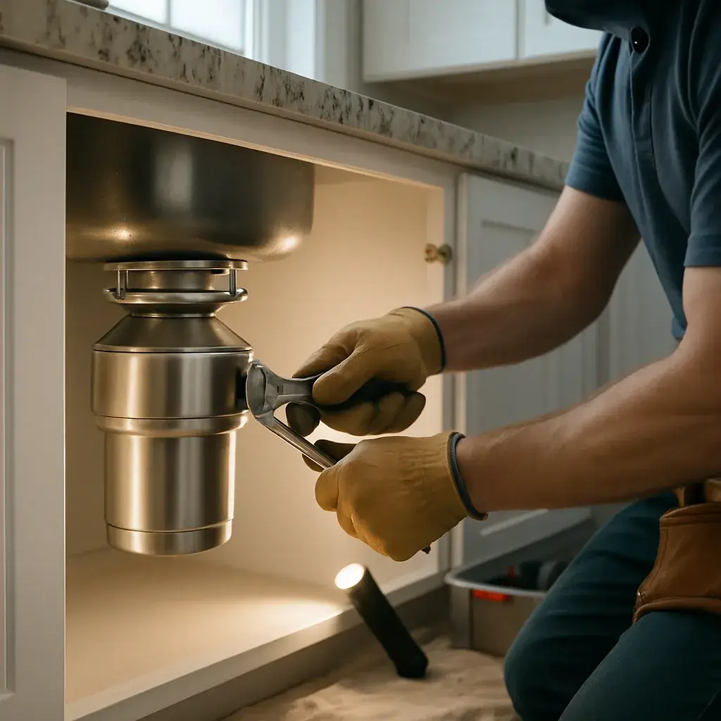 Contractor installing garbage disposal under kitchen sink in Sunnyvale home