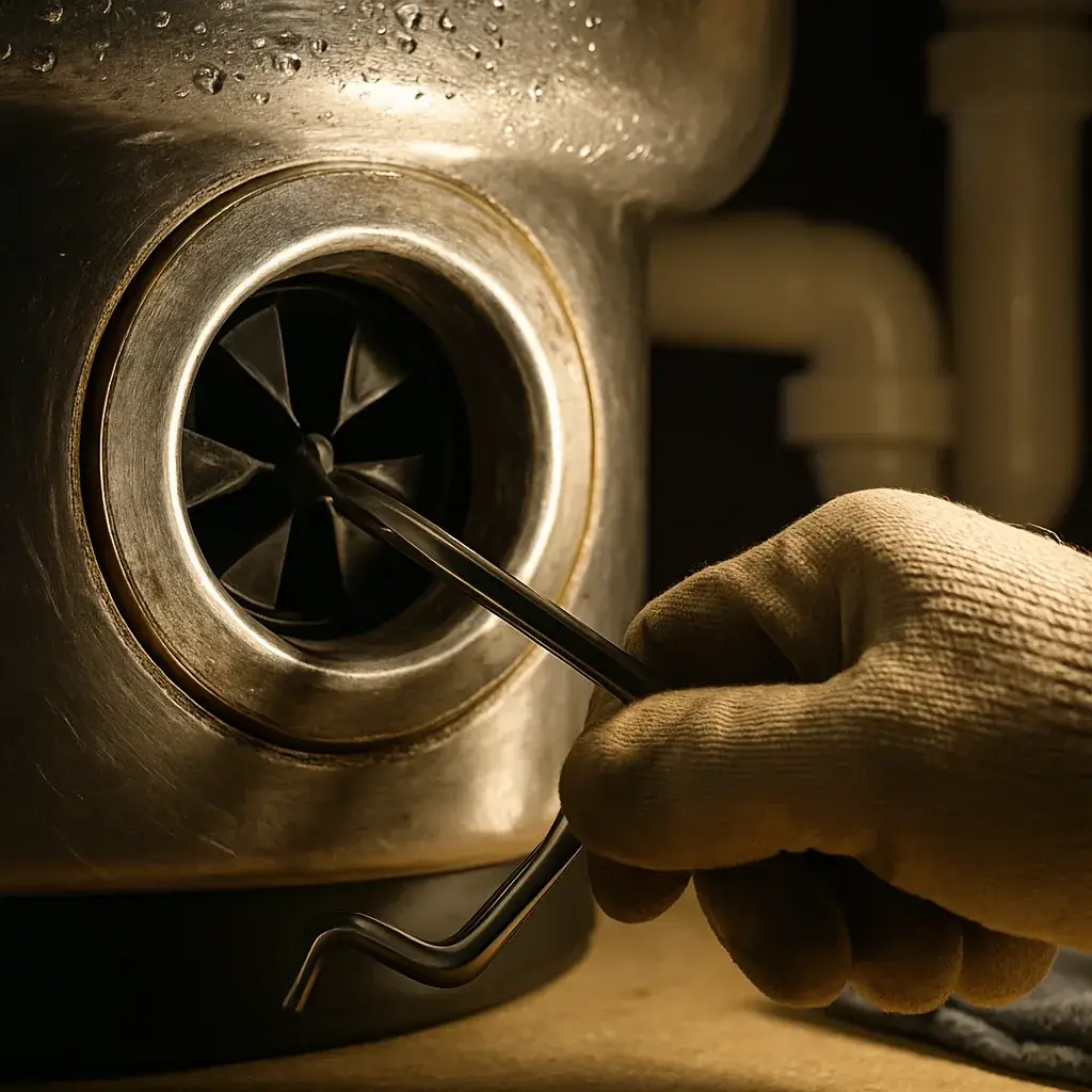 garbage-disposal-repair-jammed-flywheel-closeup-sunnyvale Close-up wrench freeing jammed garbage disposal flywheel in Sunnyvale kitchen