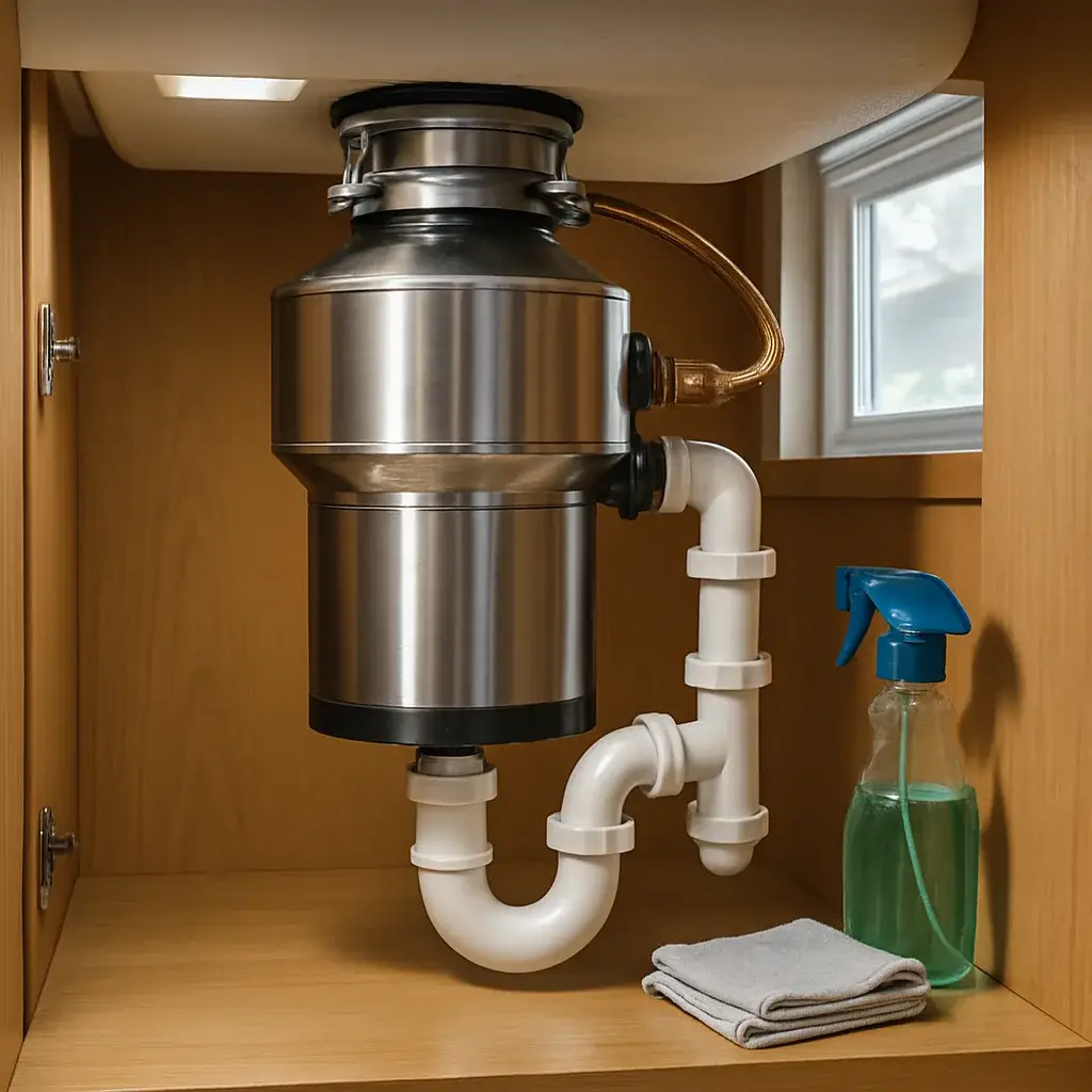 garbage-disposal-installation-finished-result-sunnyvale Finished leak-free garbage disposal installation under Sunnyvale kitchen sink