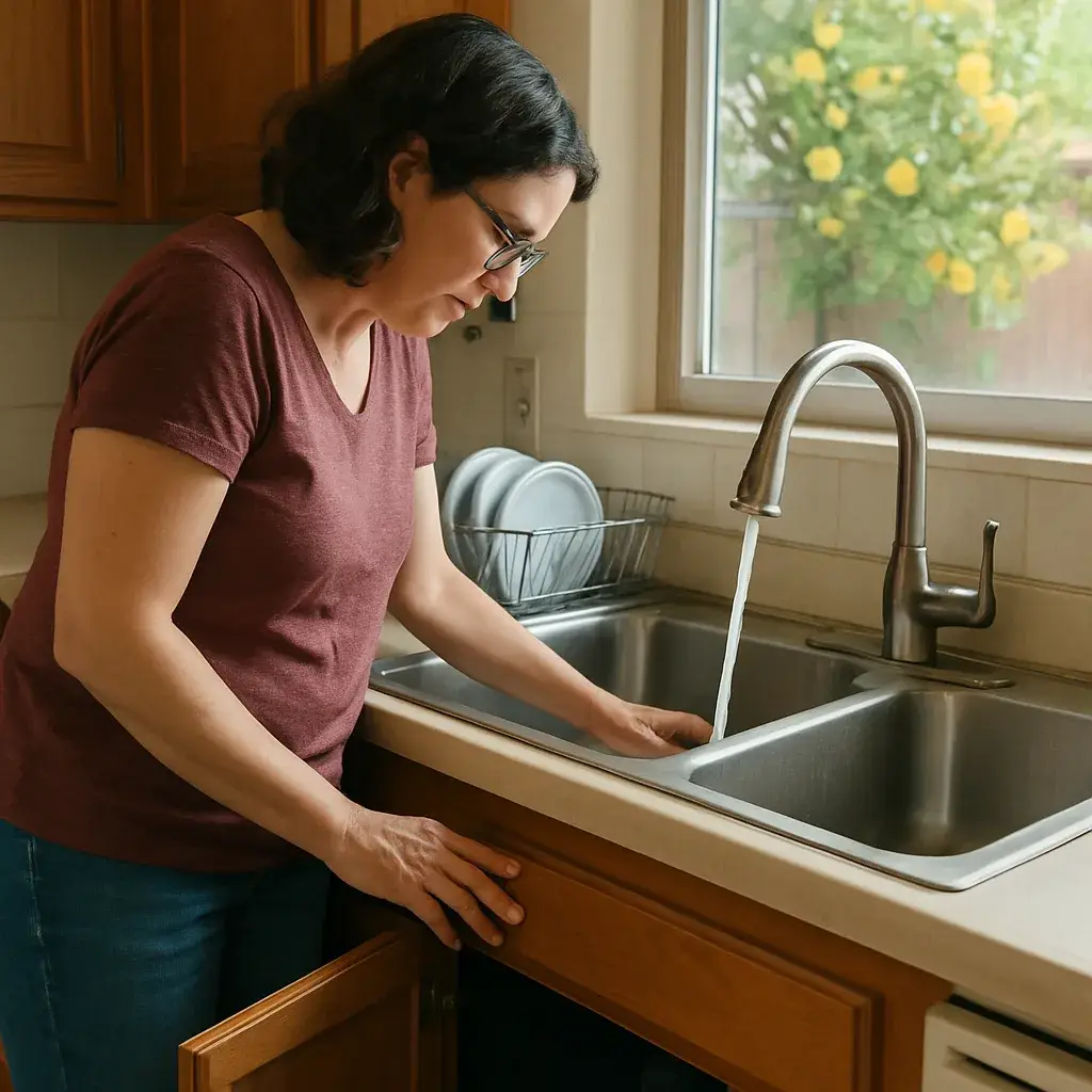 garbage-disposal-installation-homeowner-testing-sunnyvale Homeowner testing new garbage disposal at sink in Sunnyvale kitchen