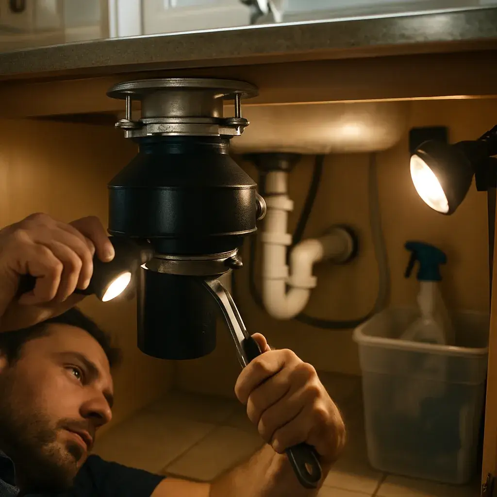 Technician repairing garbage disposal under kitchen sink in Sunnyvale home