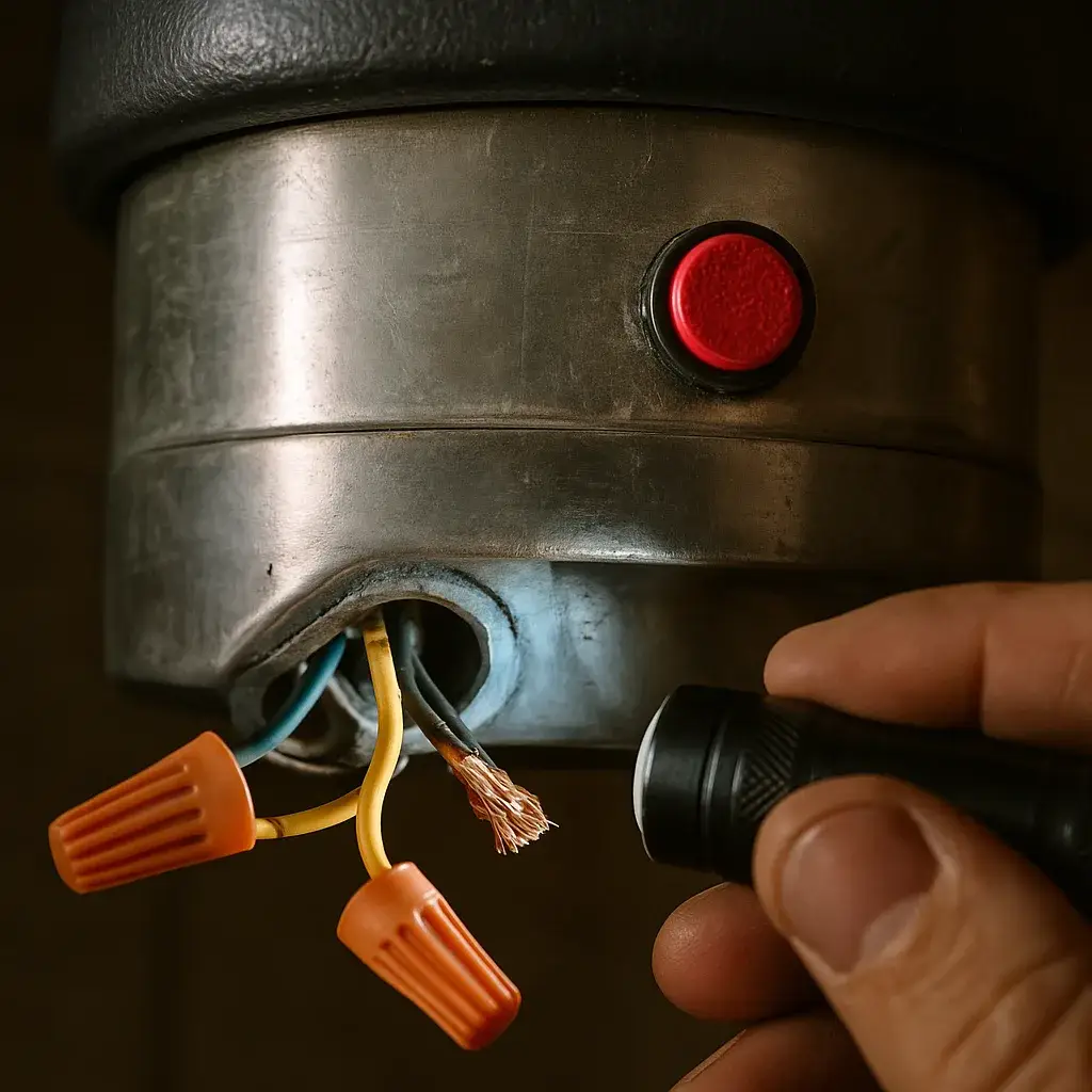 garbage-disposal-repair-reset-button-wiring-detail-sunnyvale Close-up of garbage disposal reset button and wiring during Sunnyvale repair