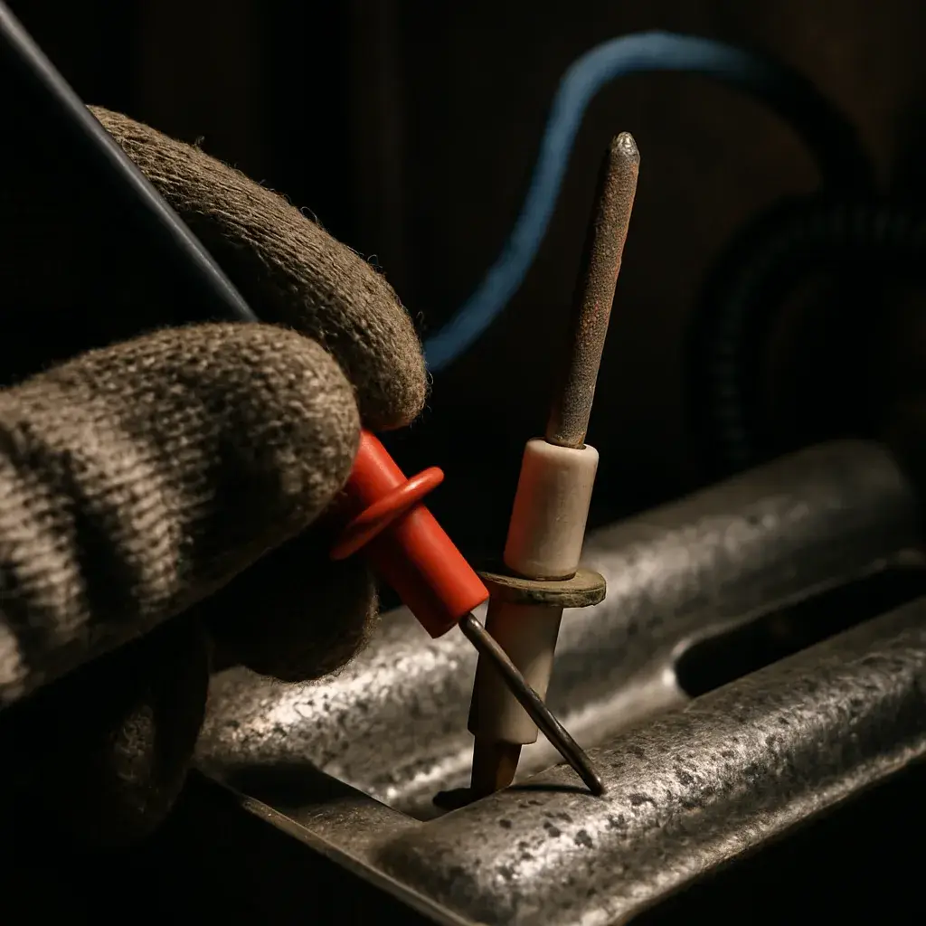 gas-furnace-repair-flame-sensor-testing-sunnyvale Close-up of corroded flame sensor being tested during gas furnace repair Sunnyvale