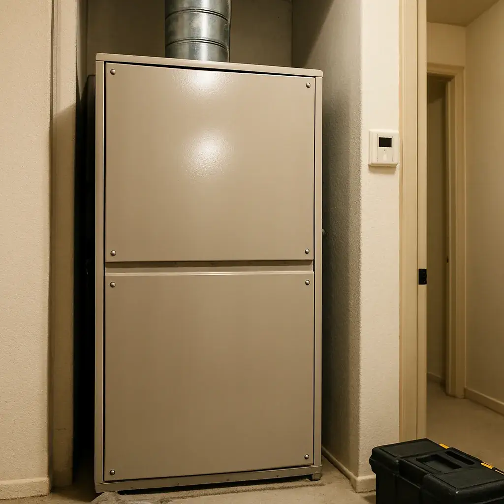 gas-furnace-repair-completed-unit-sunnyvale Repaired gas furnace unit closed and running in Sunnyvale home mechanical room