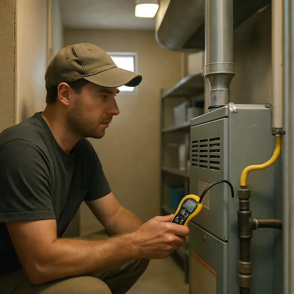 HVAC technician using gas detector on furnace line during Sunnyvale gas leak detection visit