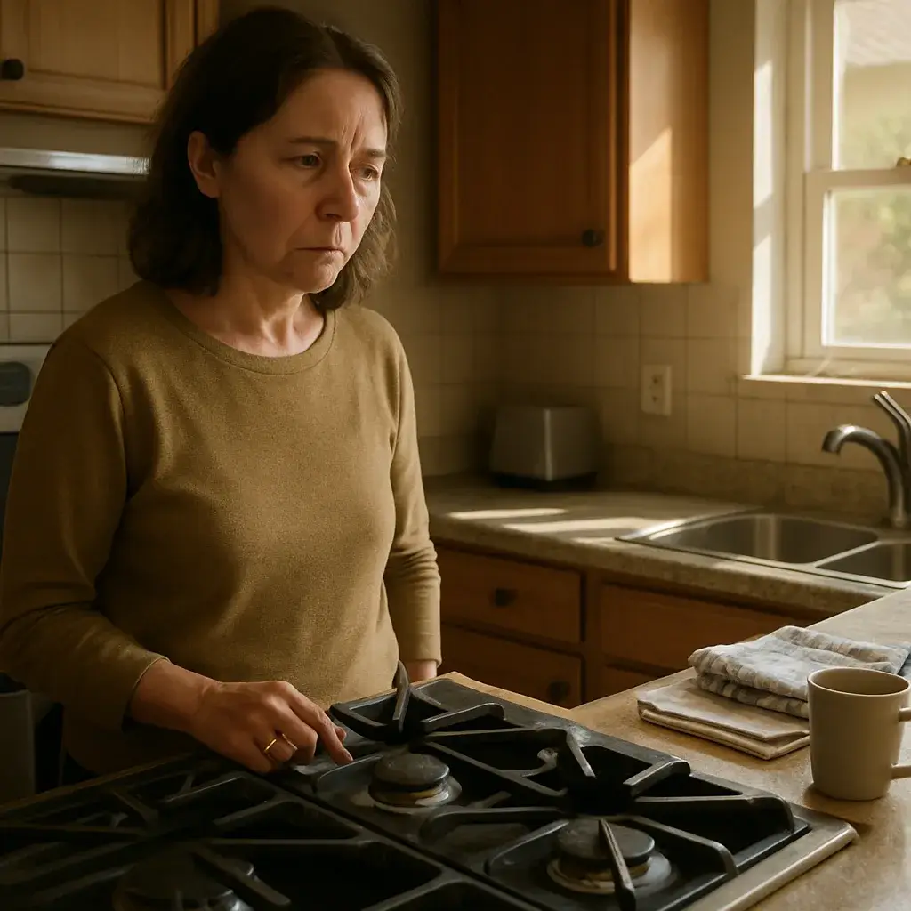 gas-leak-warning-sign-kitchen-stove-sunnyvale Homeowner noticing gas smell near stove in Sunnyvale kitchen before calling for inspection