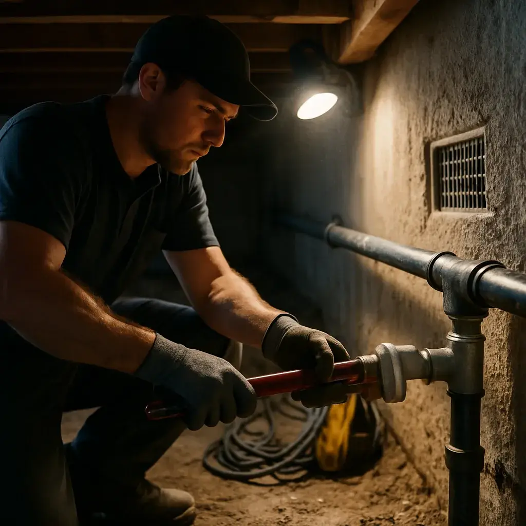 Technician installing black iron gas line pipe in Sunnyvale home crawlspace