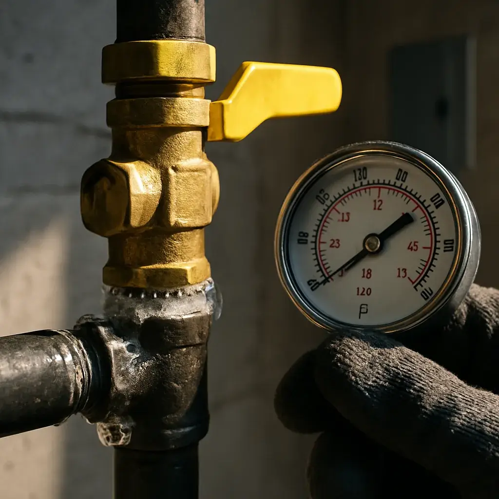 gas-line-leak-test-manometer-fitting-sunnyvale Close-up of gas line pressure test with manometer and soap bubbles