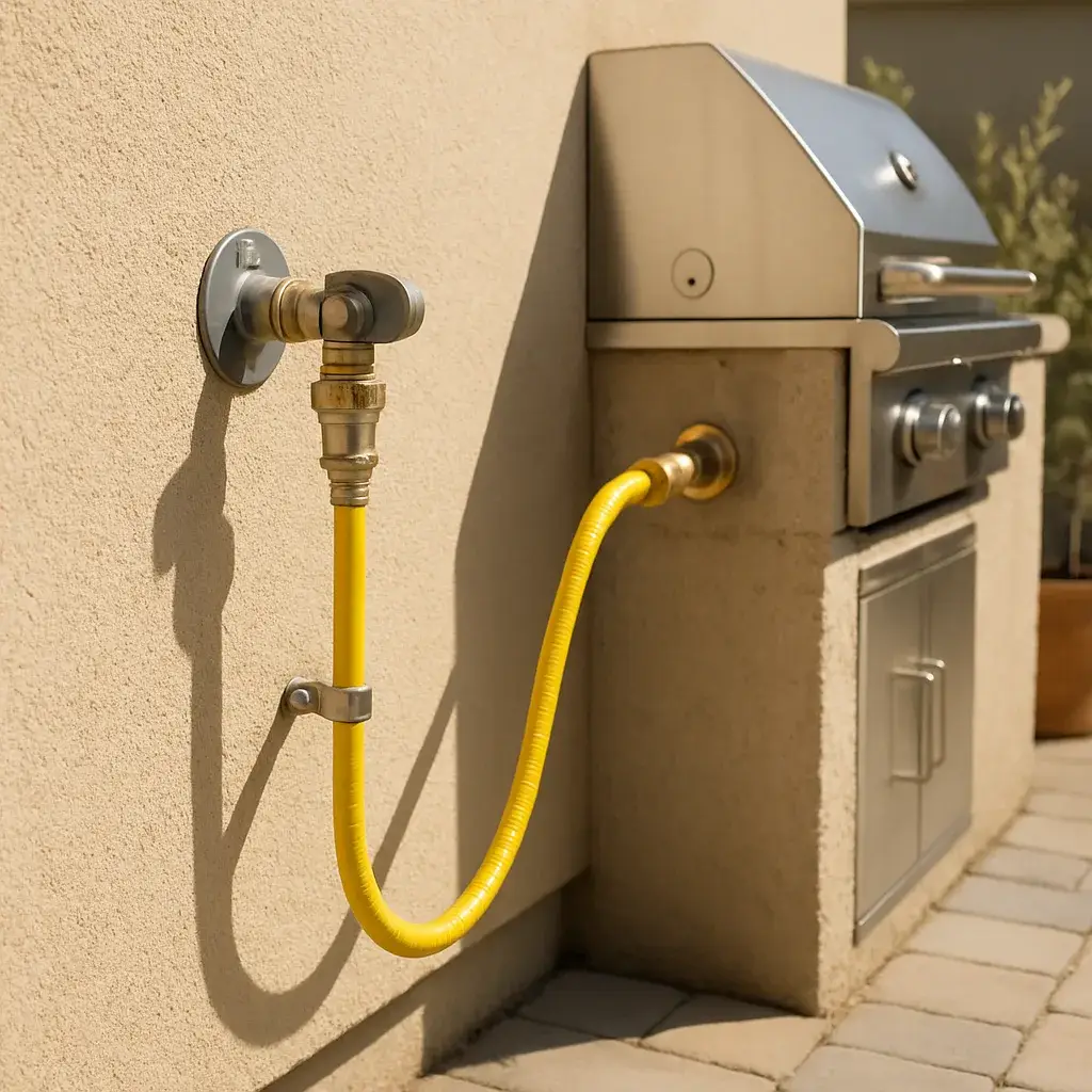 gas-line-installation-outdoor-grill-connection-sunnyvale Completed gas line connection to outdoor grill on Sunnyvale patio
