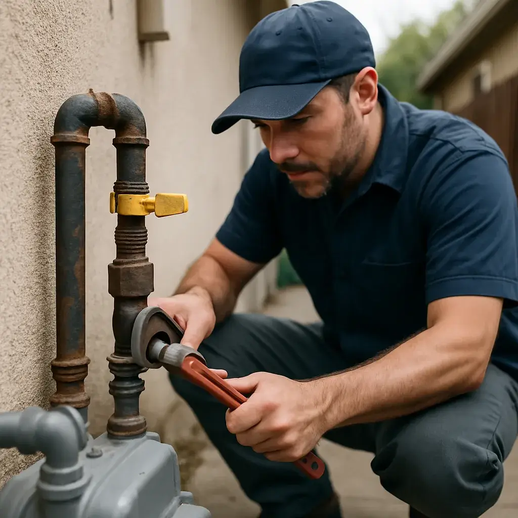 HVAC technician repairs gas line pipe fitting outside Sunnyvale home