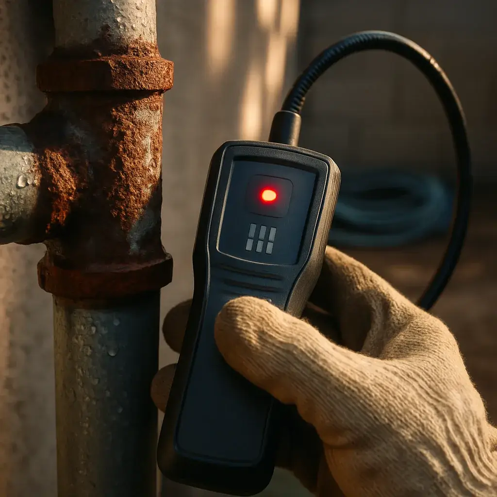 gas-leak-detection-corroded-pipe-joint-sunnyvale Gas leak detector held near corroded pipe joint in Sunnyvale