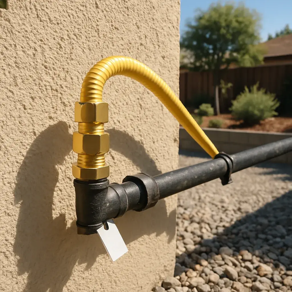 gas-line-repair-completed-fitting-sunnyvale Repaired gas line fitting with new tubing on Sunnyvale home
