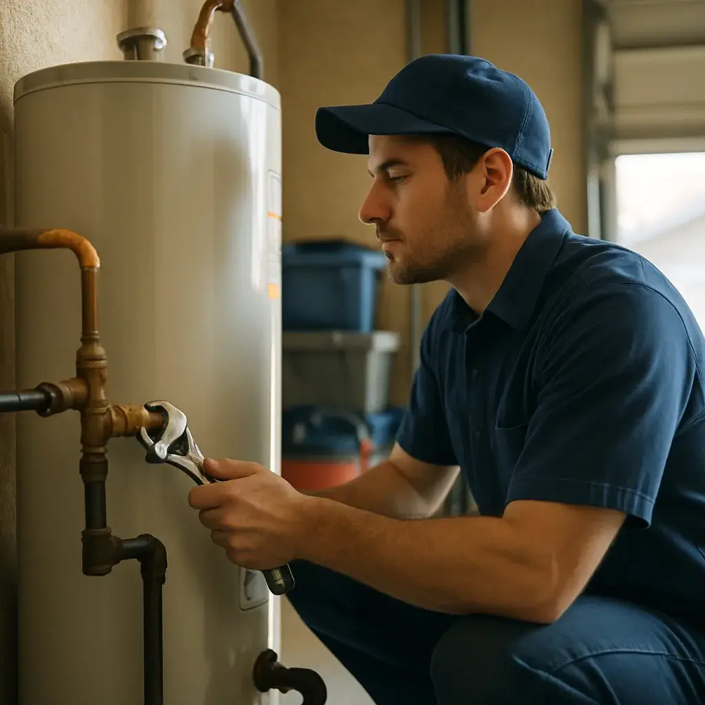 Technician installing gas water heater tank in Sunnyvale garage utility space