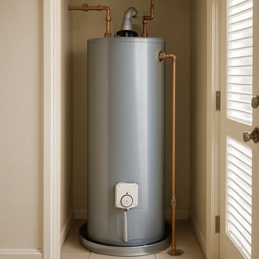 completed-gas-water-heater-installation-sunnyvale Newly installed gas water heater with clean piping in Sunnyvale utility closet