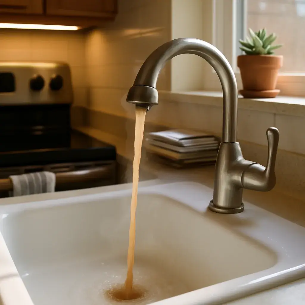 rusty-hot-water-faucet-warning-sign-sunnyvale Rust-tinted hot water running from kitchen faucet signaling water heater failure